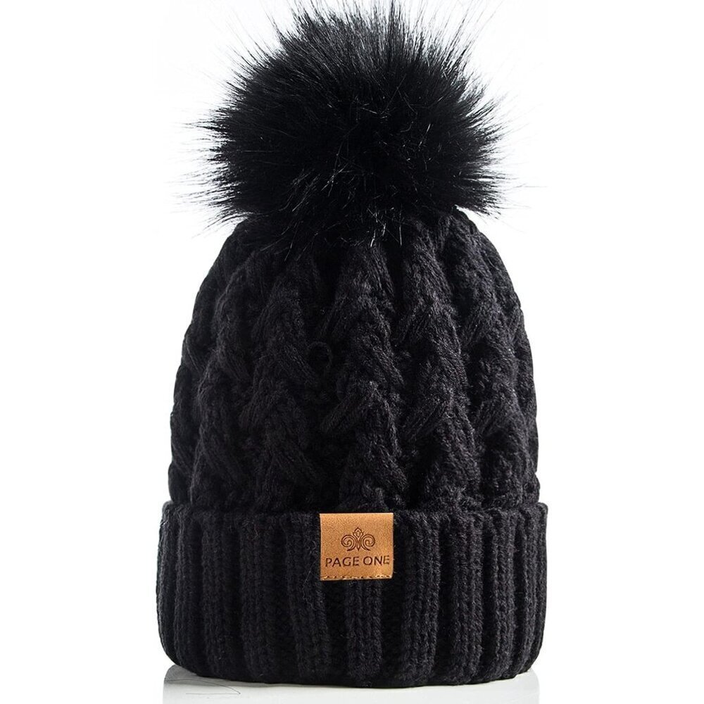 🔥 Page One Chunky Cable Knit Women Black Winter Ribbed Beanie Soft Warm Hat
